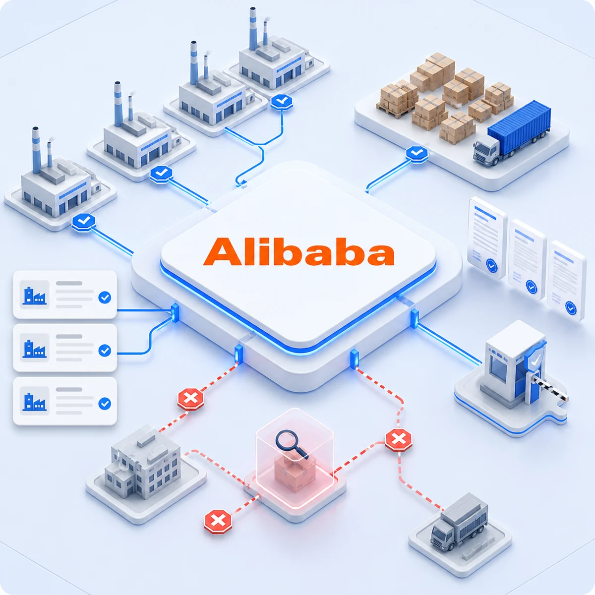 Alibaba logo at the centre of a Truviss supplier and counterfeit supply chain monitoring illustration