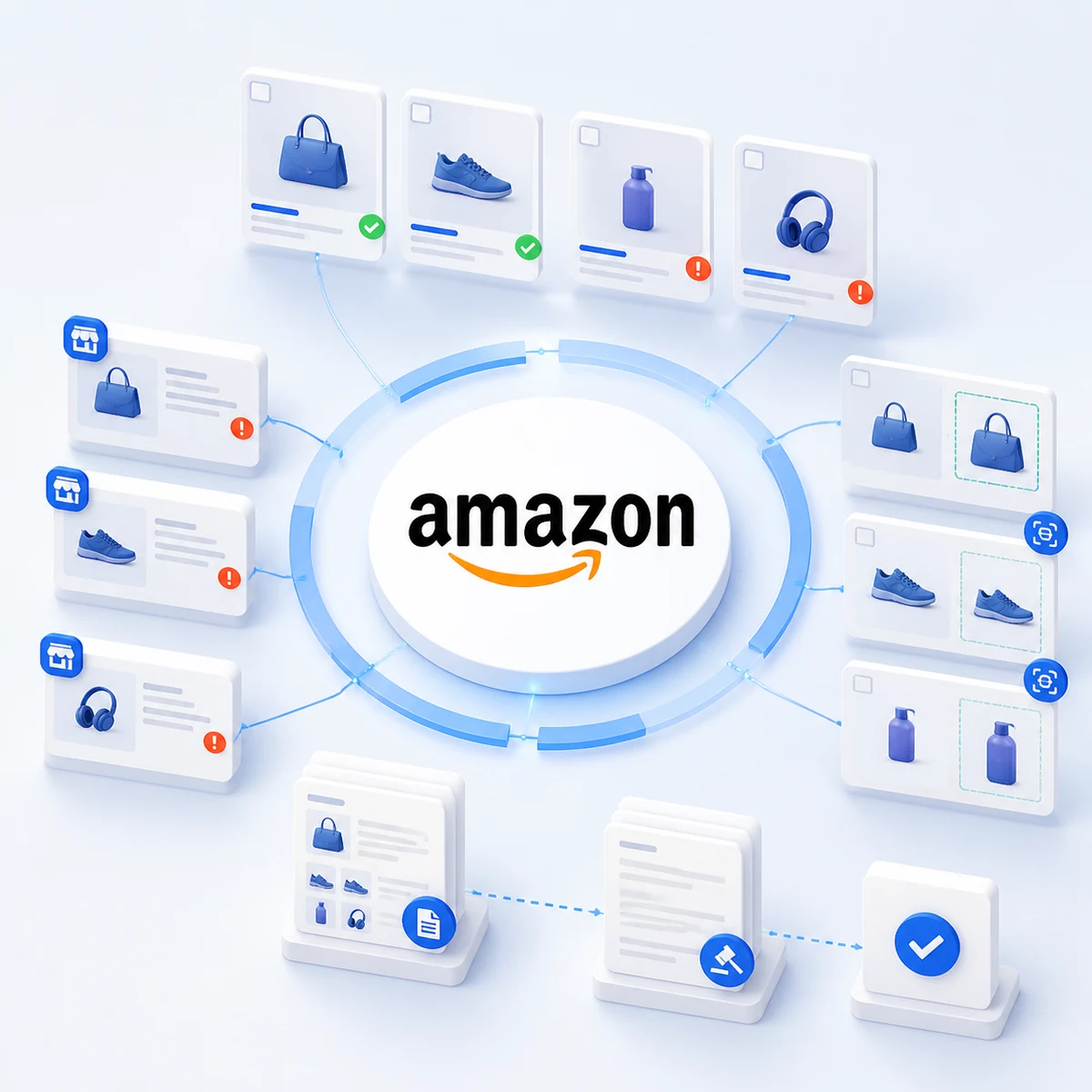 Amazon logo at the centre of a Truviss marketplace monitoring and counterfeit enforcement illustration