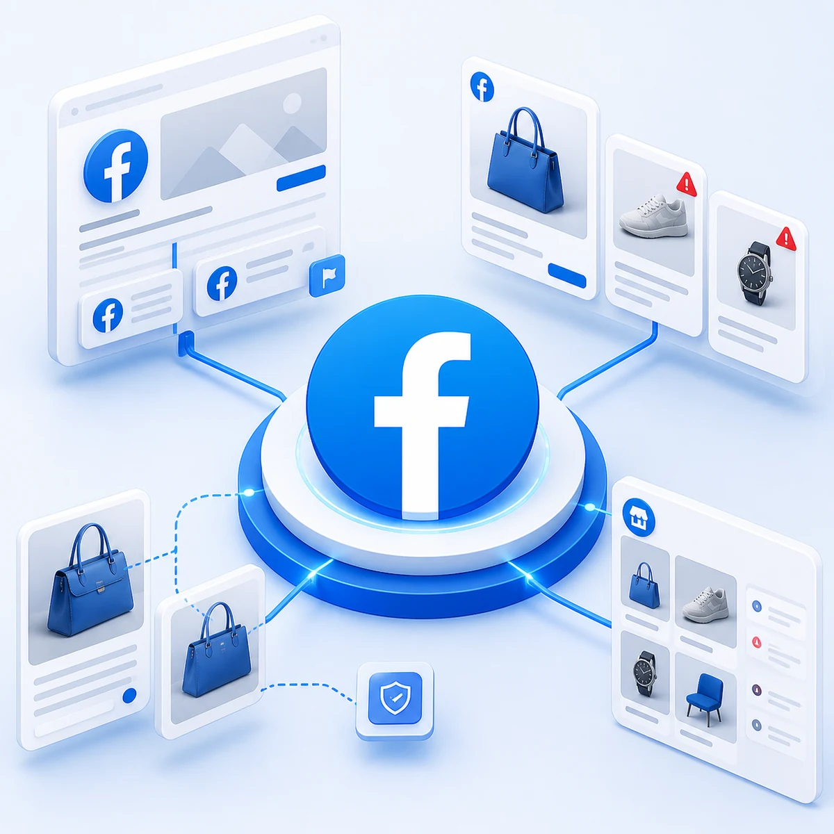 Facebook logo at the centre of a Truviss fake page, advert and Marketplace monitoring illustration