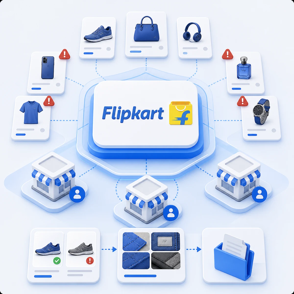 Flipkart logo at the centre of a Truviss marketplace monitoring and counterfeit enforcement illustration