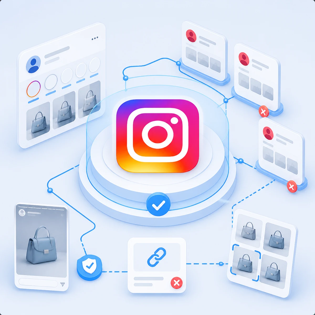 Instagram logo at the centre of a Truviss brand impersonation and social content monitoring illustration
