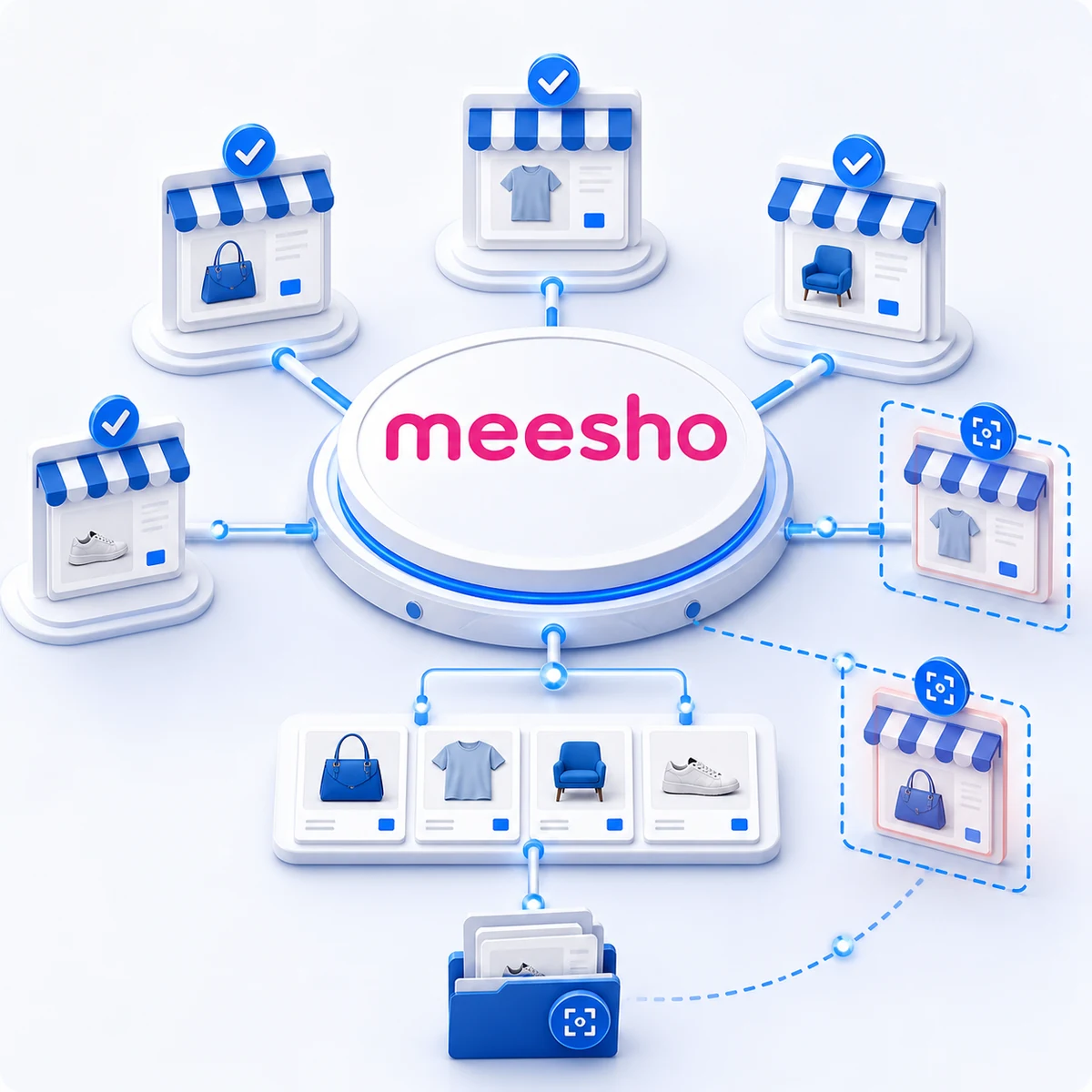 Meesho logo at the centre of a Truviss reseller network monitoring illustration