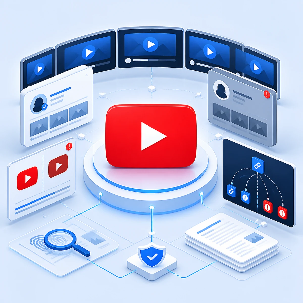 YouTube logo at the centre of a Truviss channel impersonation and video monitoring illustration