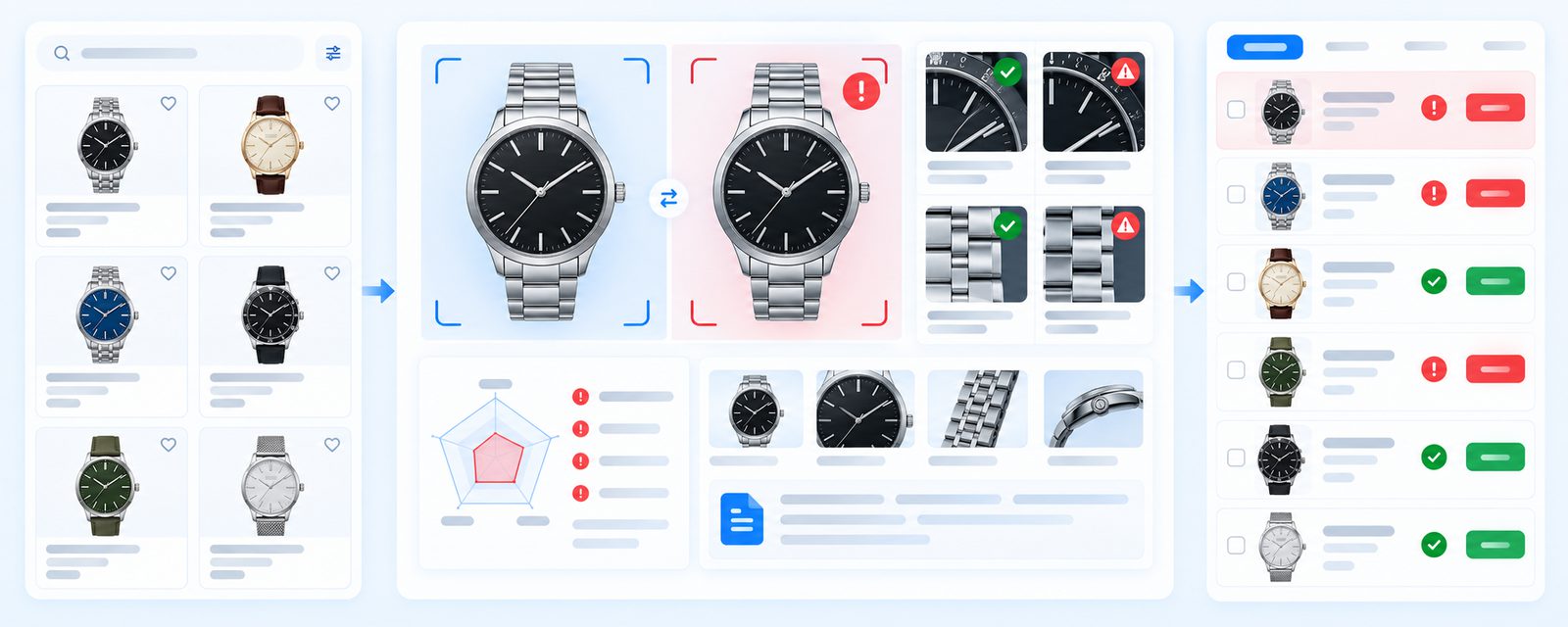 authenticator inspecting a counterfeit watch flagged on an online marketplace