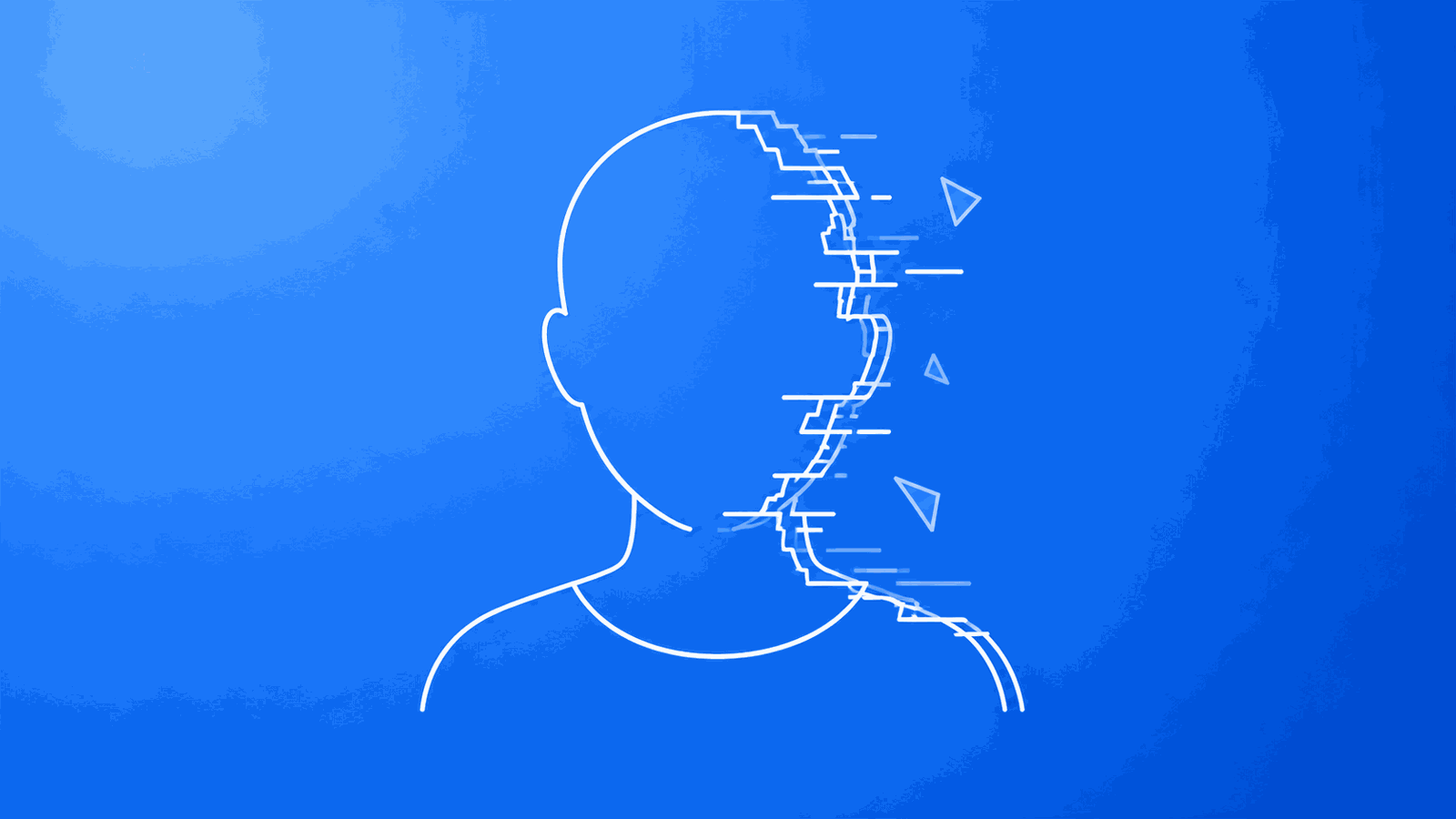 Abstract line-art face outline glitching apart, representing deepfake brand impersonation