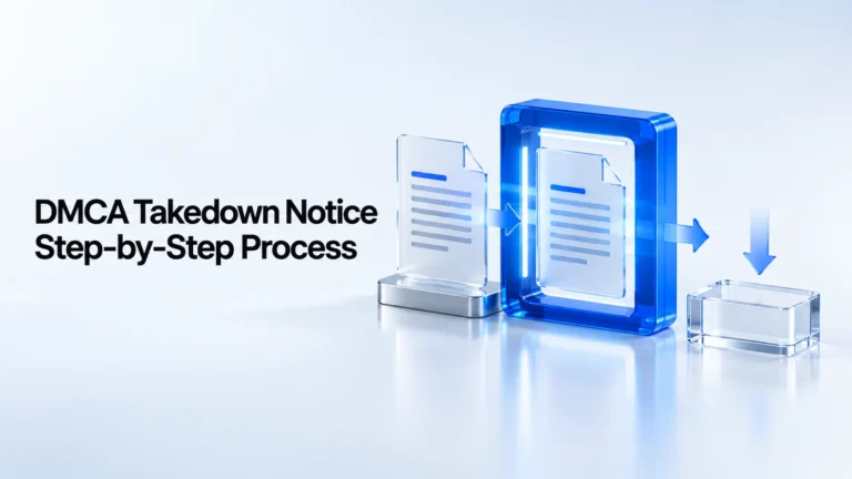 DMCA takedown notice shown moving through a structured enforcement process