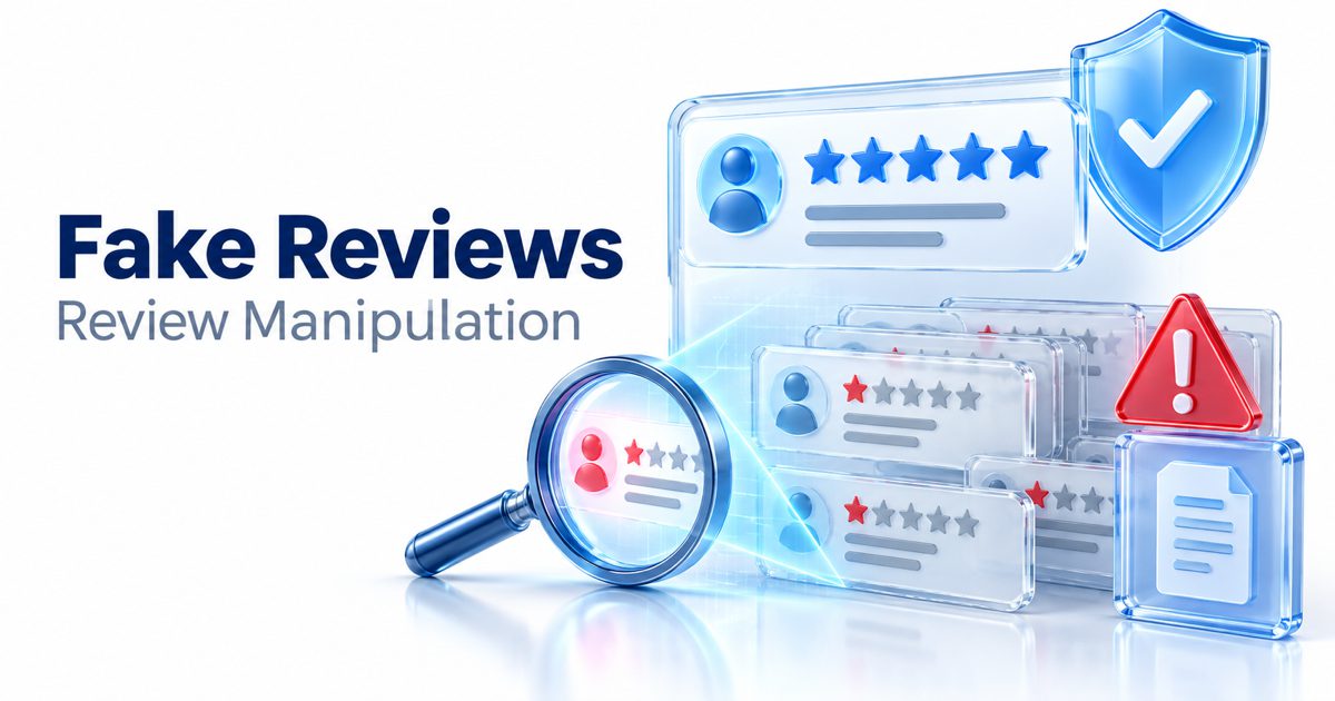 a cluster of five-star fake reviews flagged beside a genuine review