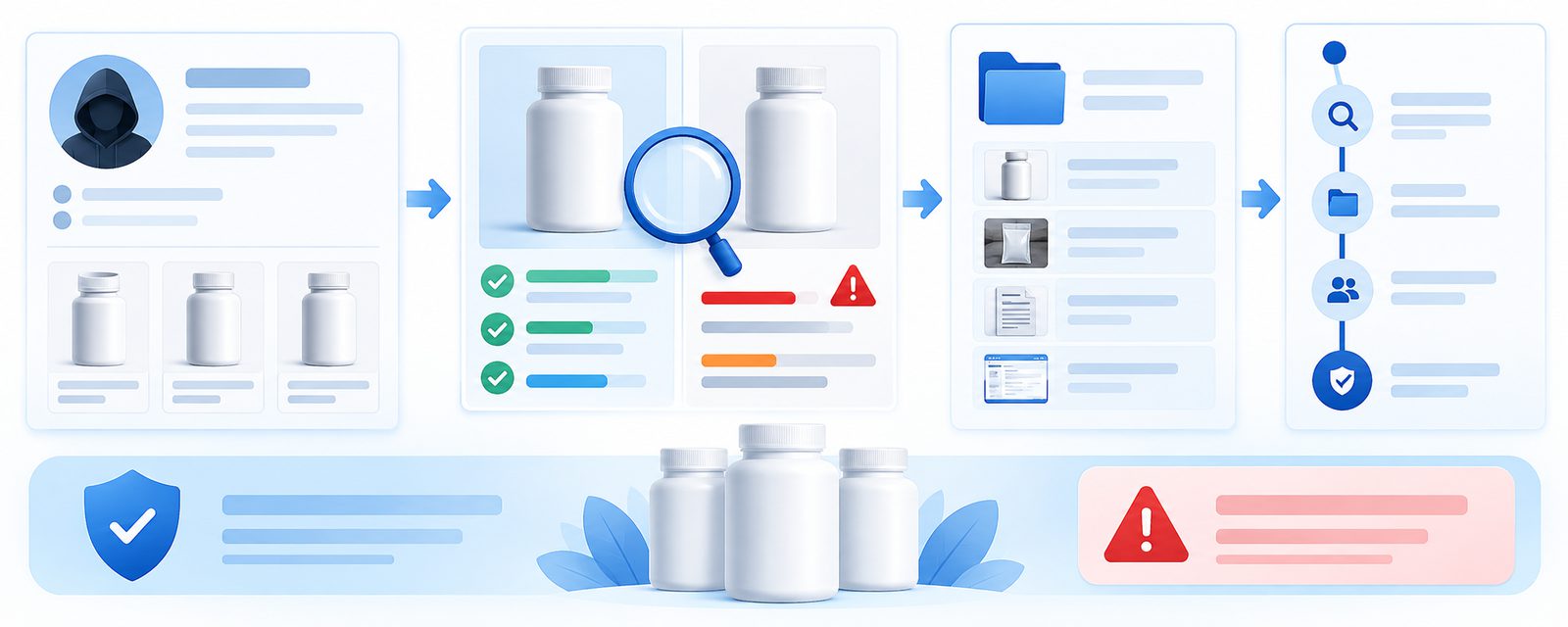marketplace scanner flagging a counterfeit supplement listing for review