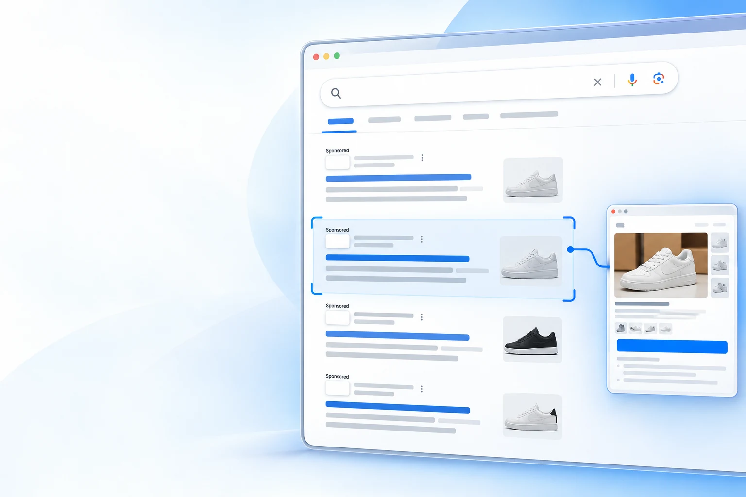 Sponsored search listings with a copied product promotion highlighted and its destination shown