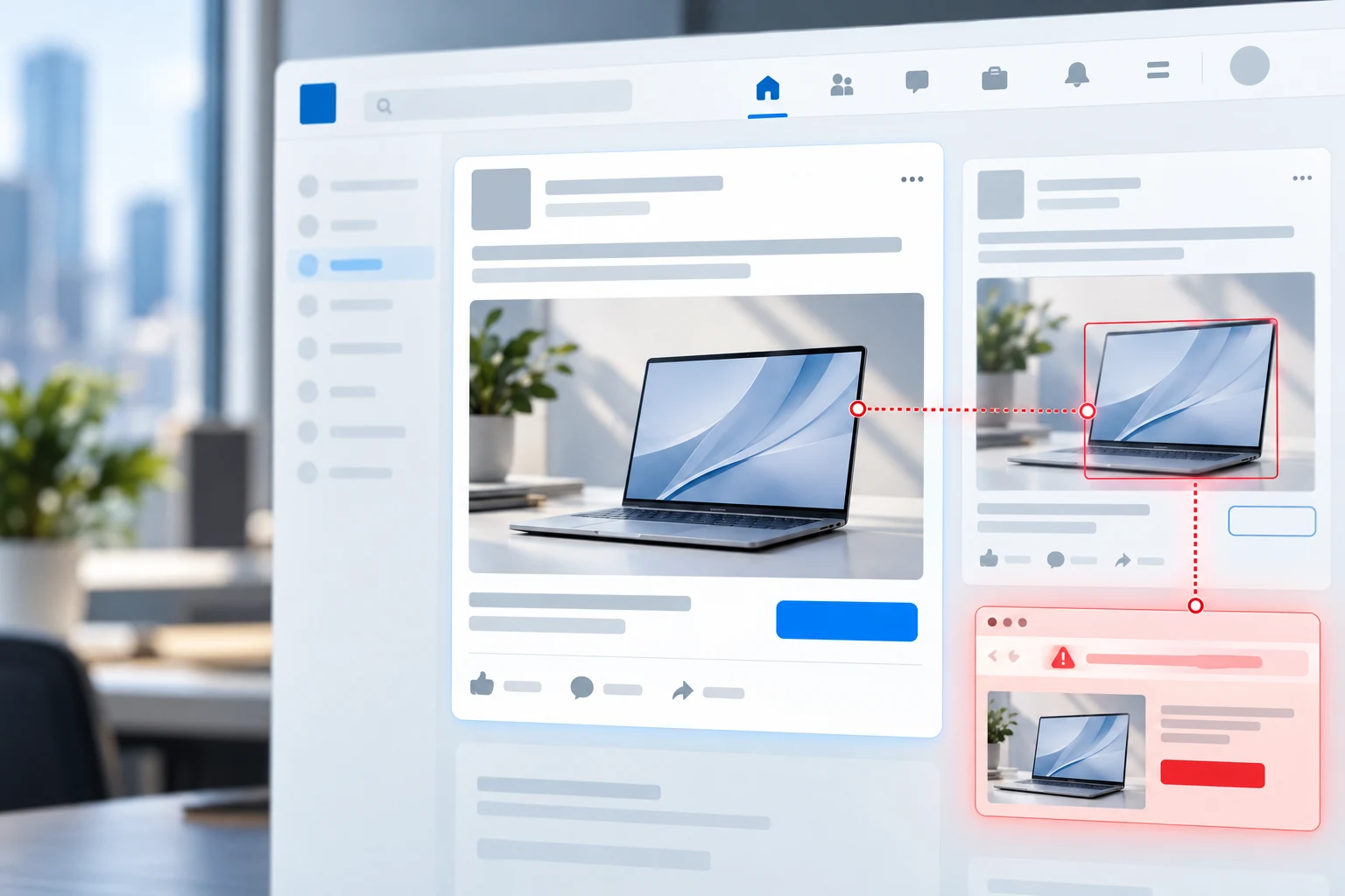 Professional sponsored posts with a copied promotion and suspicious destination highlighted