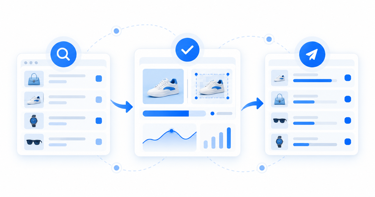 Detect, verify and enforce shown as three connected panels: scanning listings, checking a product against the original, then filing requests