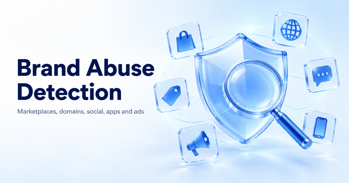 Glass shield with a magnifying lens, surrounded by icons for marketplaces, websites, social media, apps and ads