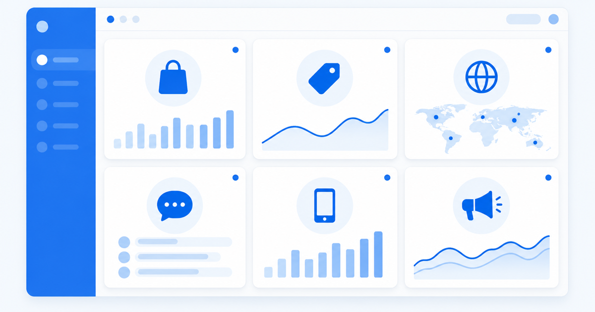 Six monitoring panels representing marketplaces, resale tags, websites, social media, apps and ads