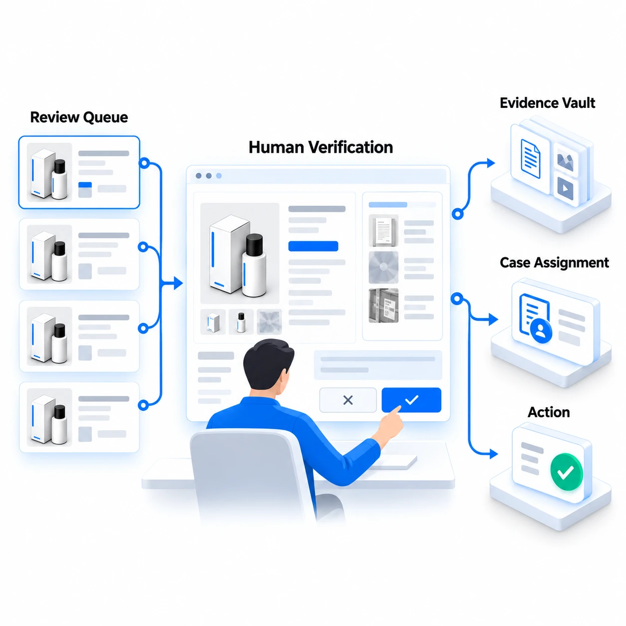 A human reviewer checks flagged listings, verifies evidence, and routes cases for action.