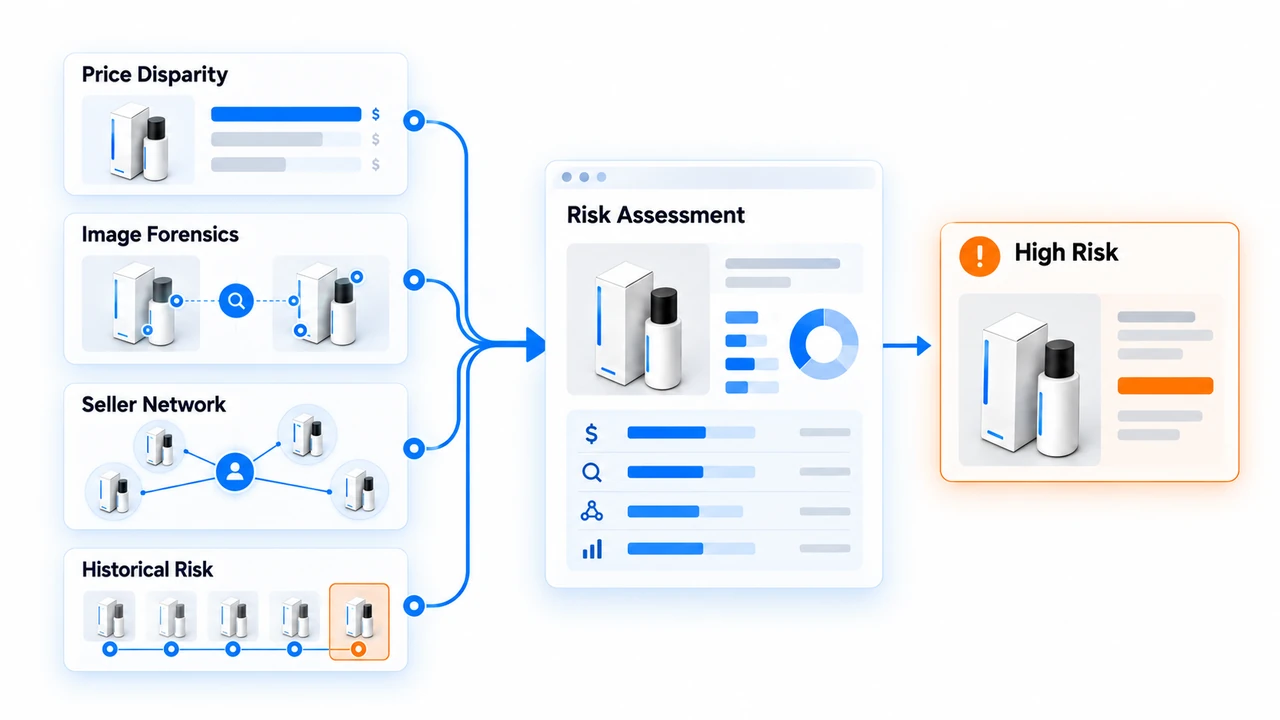 Risk assessment combines price disparity, image forensics, seller networks, and historical risk signals, highlighting high-risk listings.