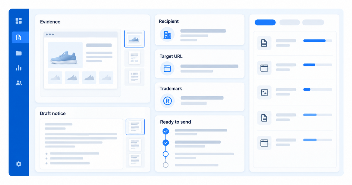 Takedown request builder showing evidence, recipient, target URL, trademark and draft notice panels