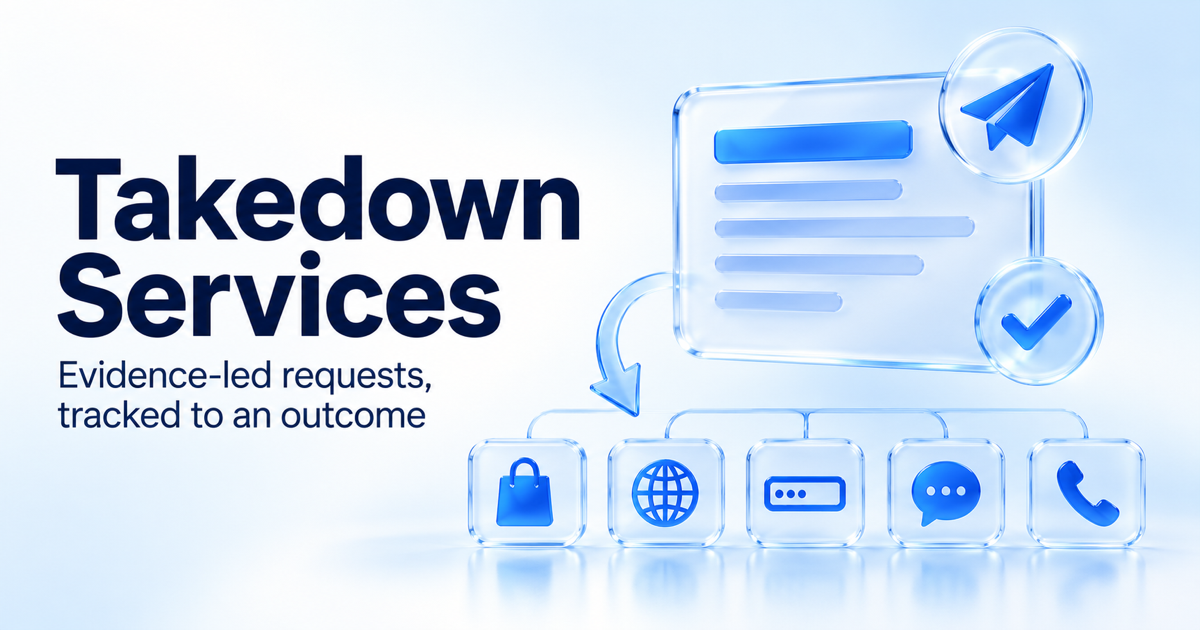 Glass takedown notice card with send and check badges, linked to icons for marketplace, website, domain, social and app targets