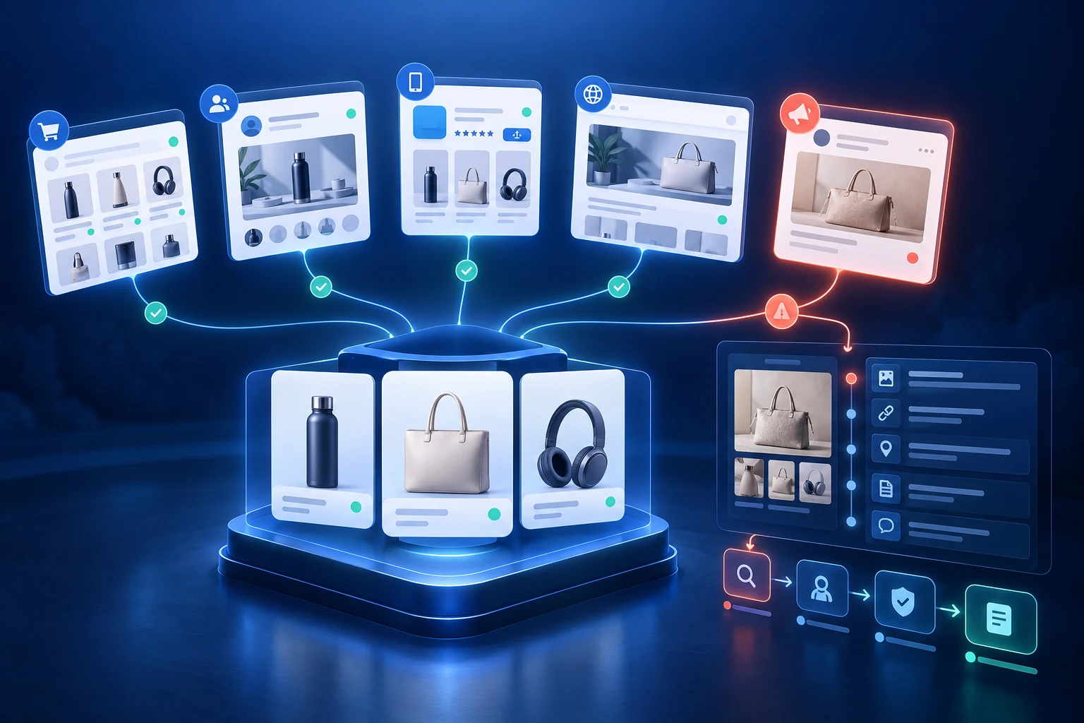 Brand portfolio findings across marketplaces, social, apps, websites and ads, connected to evidence review and response.